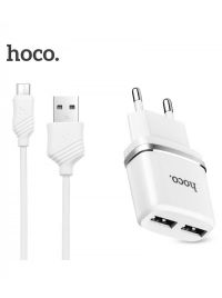 Сетевое зарядное устройство 2USB Hoco C12 White + USB Cable MicroUSB (2.4A)